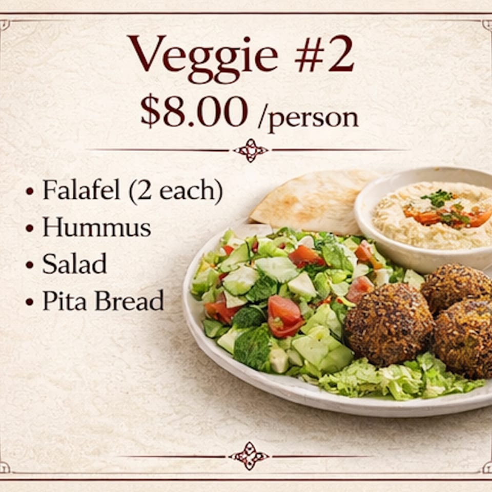 A Veggie #2 platter with falafel, hummus, salad, and pita bread.