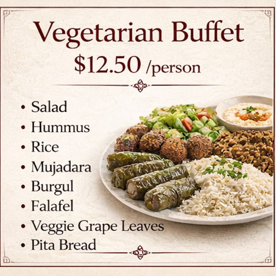 A vegetarian buffet plate with salad, hummus, falafel, grape leaves, rice, and mujadara.
